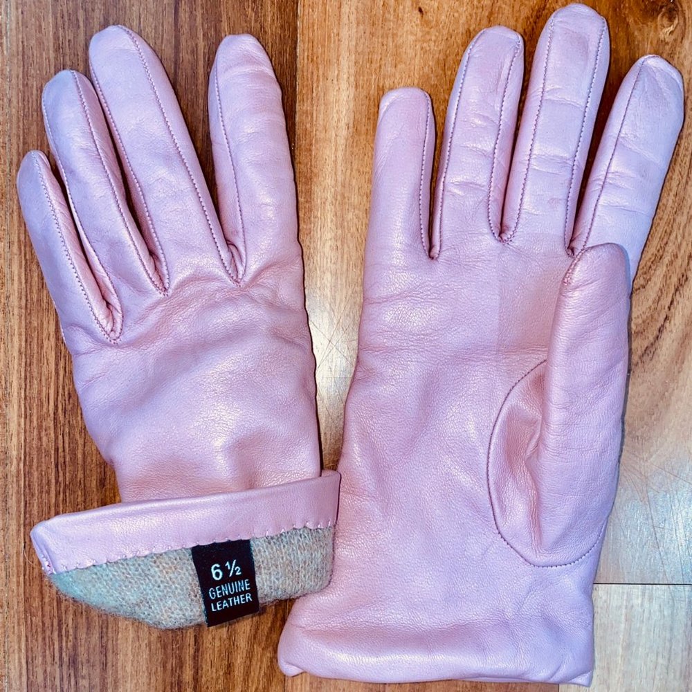 Italian Pink Leather Gloves Cashmere Lined, Size S